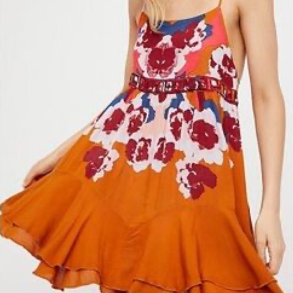 Free People Intimately Floral Mini Dress in Orange and Pink